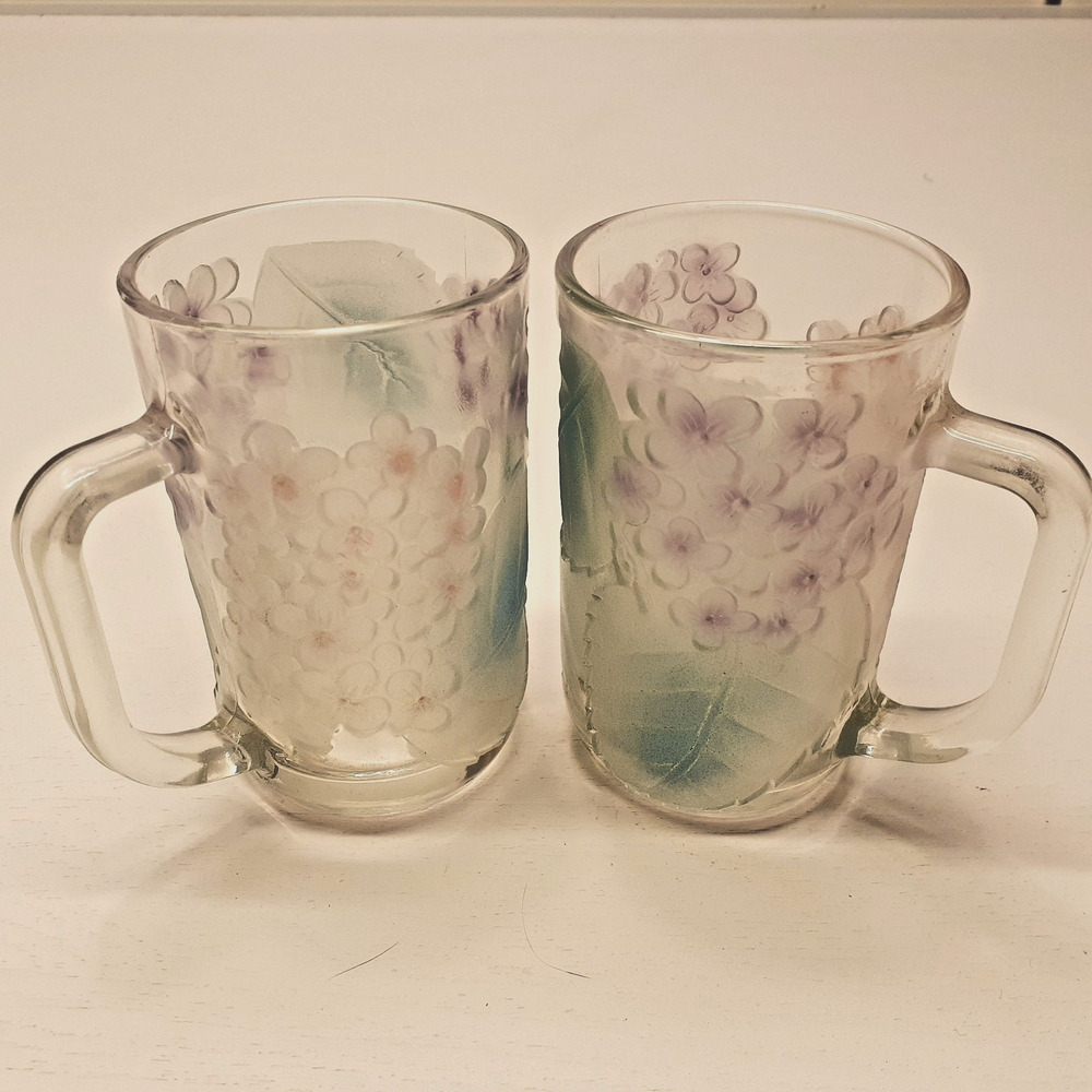 Avon Frosted Glass Floral Coffee Mugs Set Of 2 Purple Flowers Green Leaves